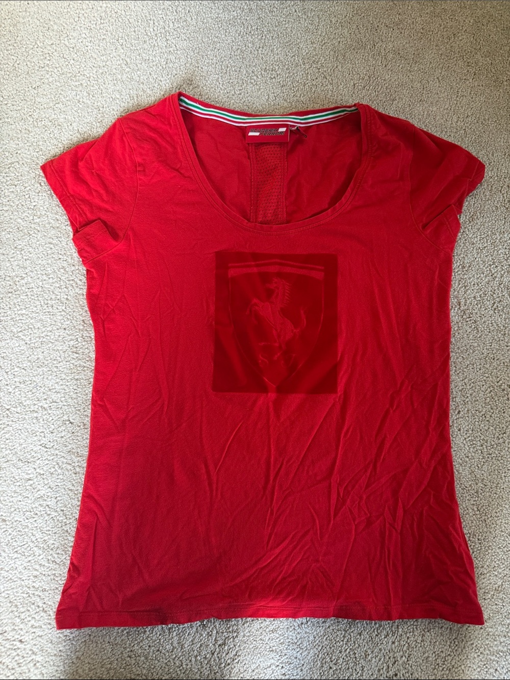 Scuderia Ferrari Red Scoop Neck Women's Tee with Embossed Shield